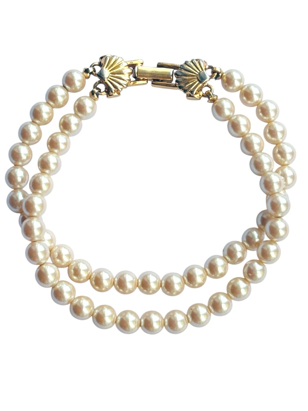 Richelieu Signed Double Strand Faux Pearl Bracelet Shell Clasp 7.5” Vintage
